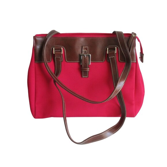 *Etienne Aigner Red Cranberry Satchel Grosgrain w Brown Trim and Accents - Picture 1 of 7